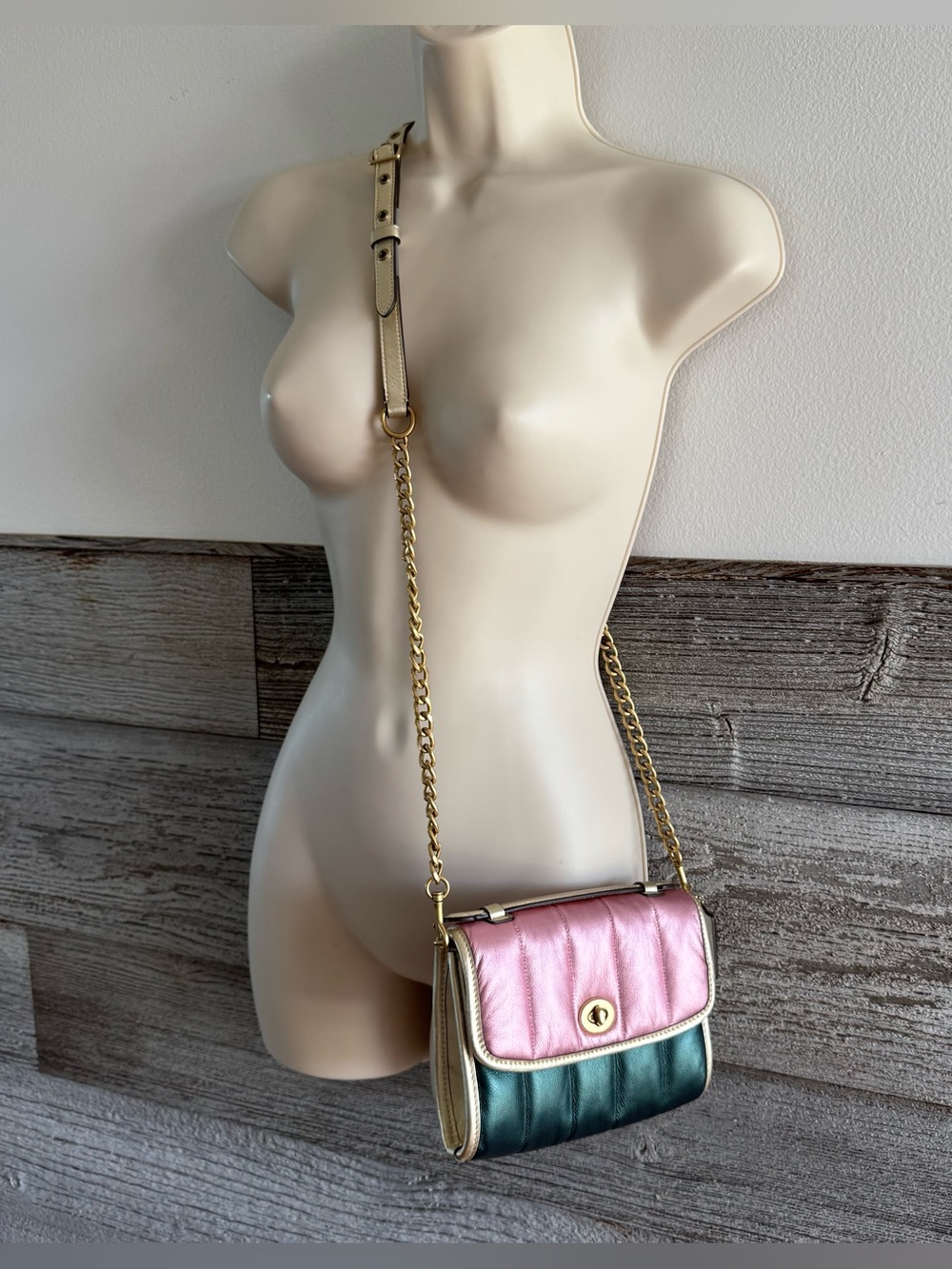 Coach Kip Turnlock Crossbody C6732 Metallic Pink Green Colorblock Quilted Leathe
